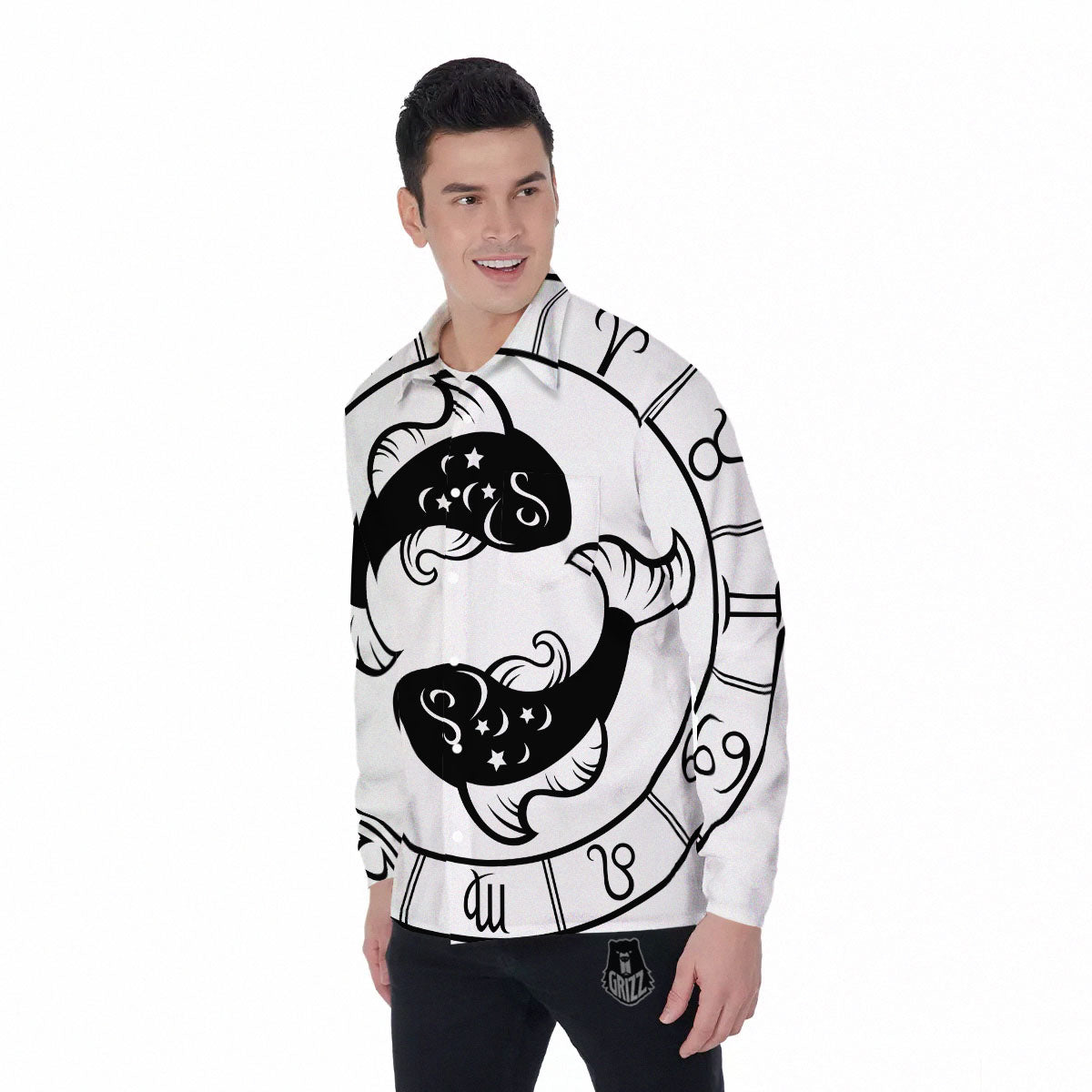 Pisces Sign White And Black Print Men's Long Sleeve Shirts-grizzshop