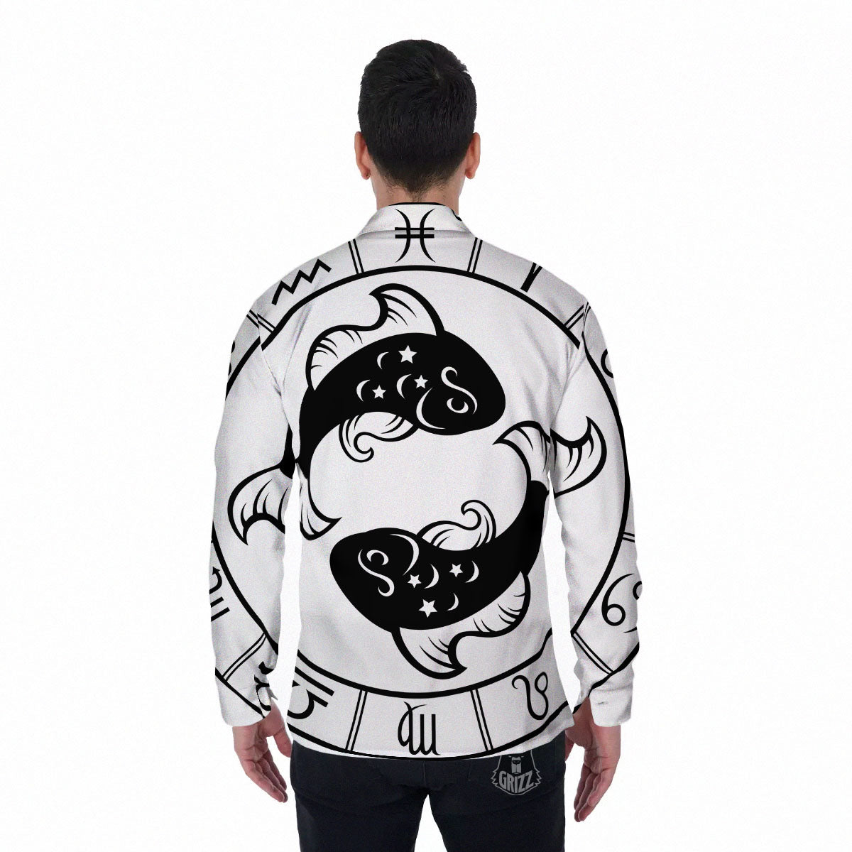 Pisces Sign White And Black Print Men's Long Sleeve Shirts-grizzshop