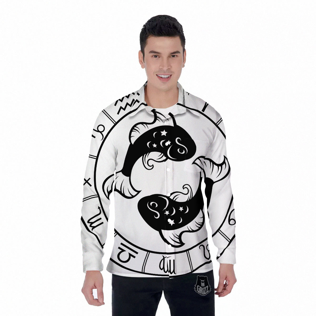 Pisces Sign White And Black Print Men's Long Sleeve Shirts-grizzshop