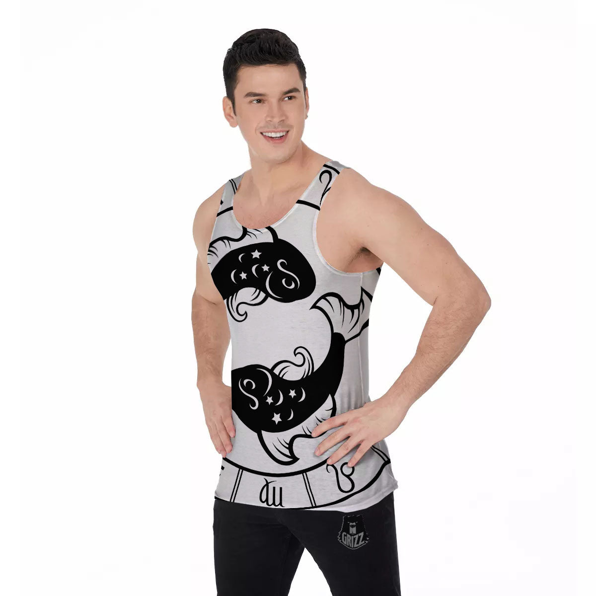 Pisces Sign White And Black Print Men's Tank Top-grizzshop