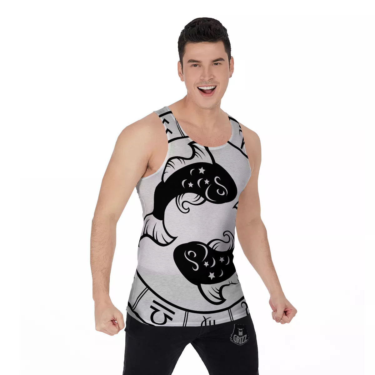 Pisces Sign White And Black Print Men's Tank Top-grizzshop