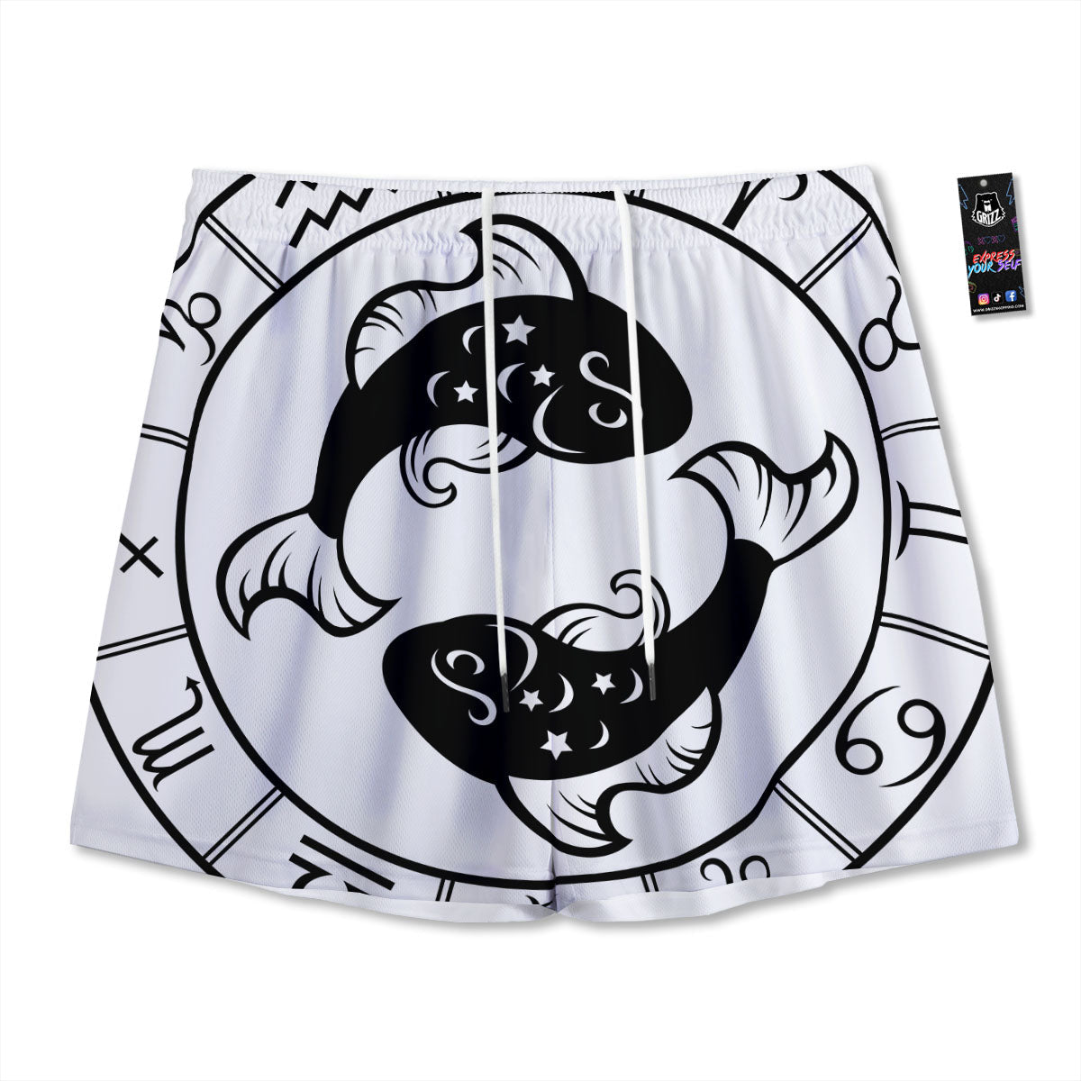 Pisces Sign White And Black Print Mesh Shorts
