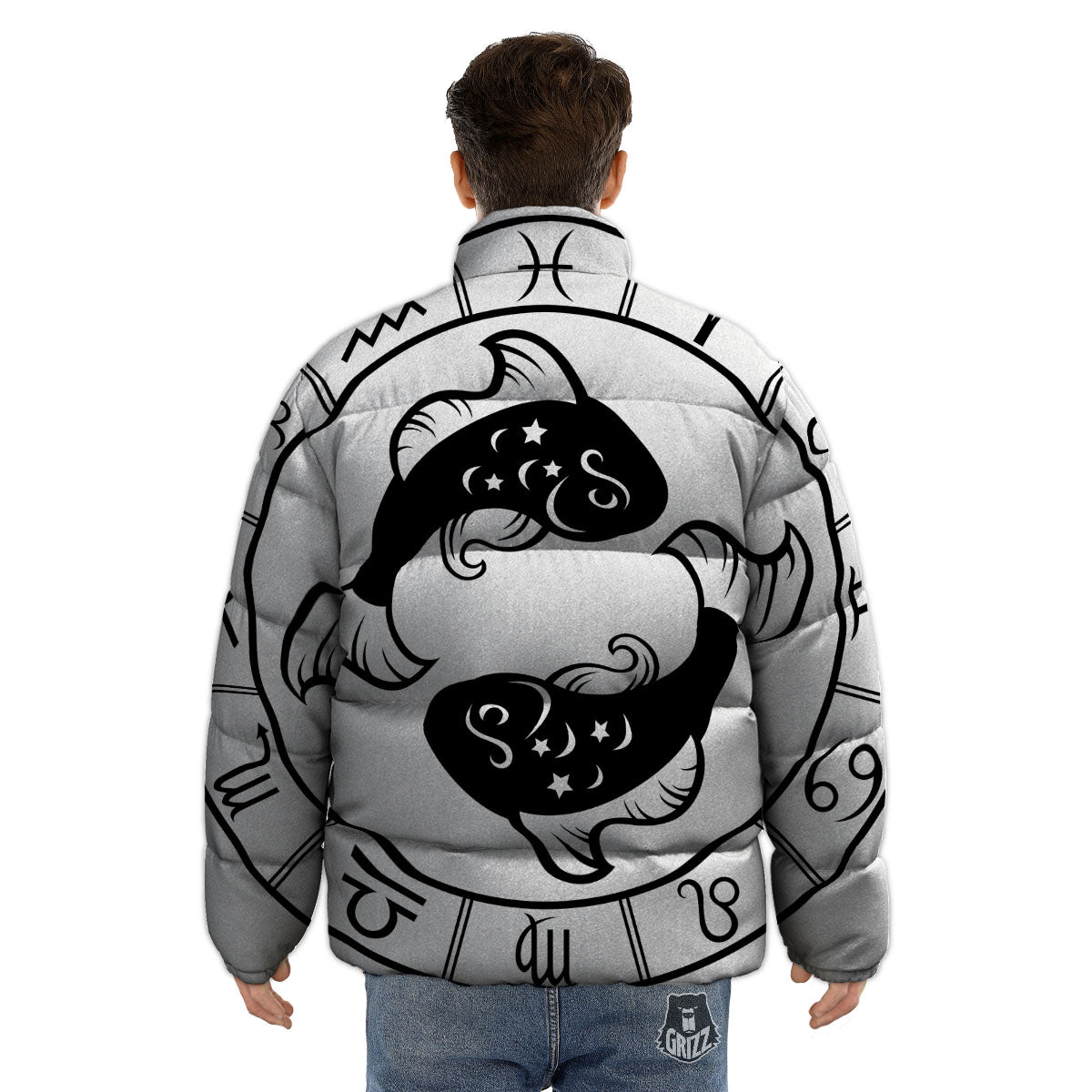 Pisces Sign White And Black Print Puffer Jacket-grizzshop