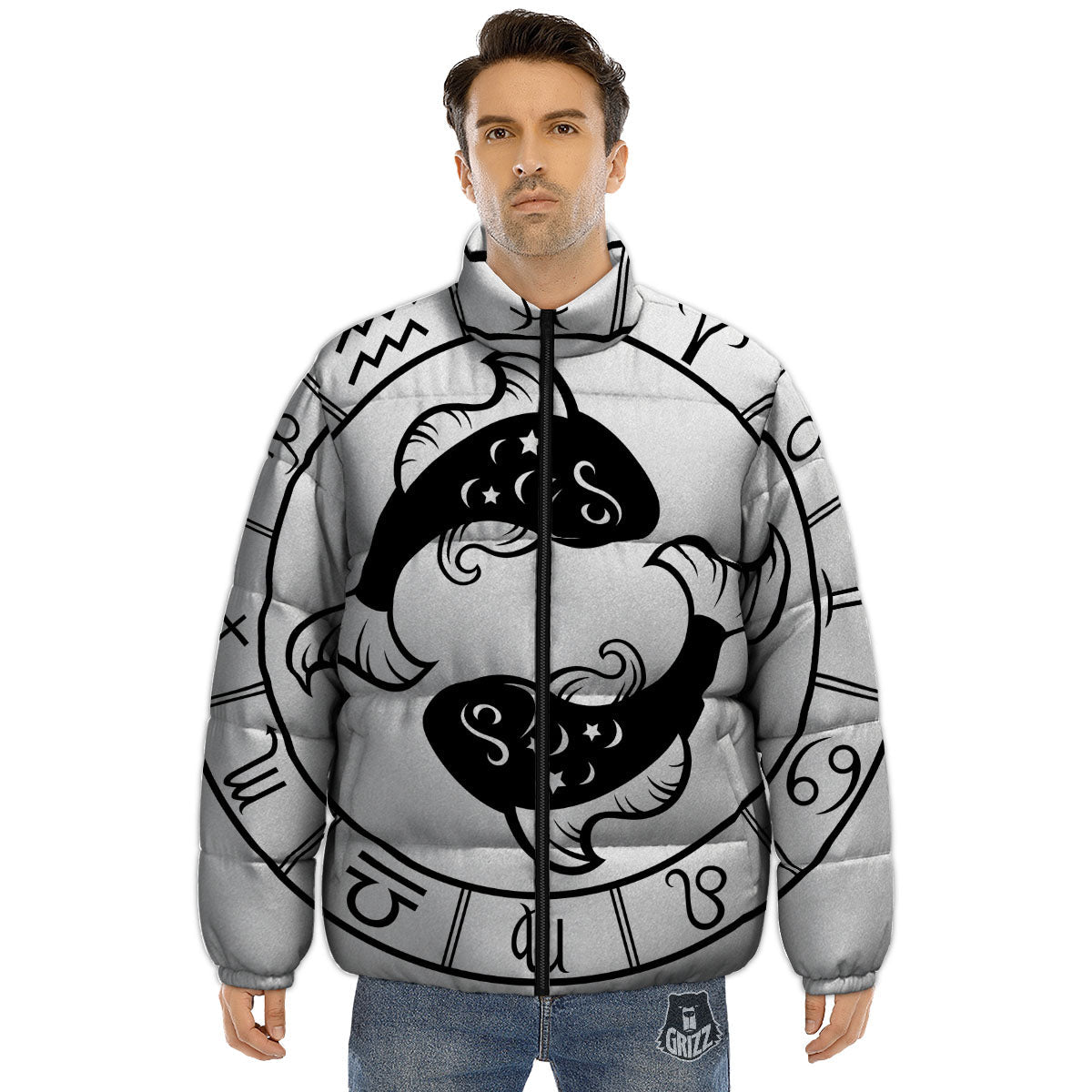 Pisces Sign White And Black Print Puffer Jacket-grizzshop
