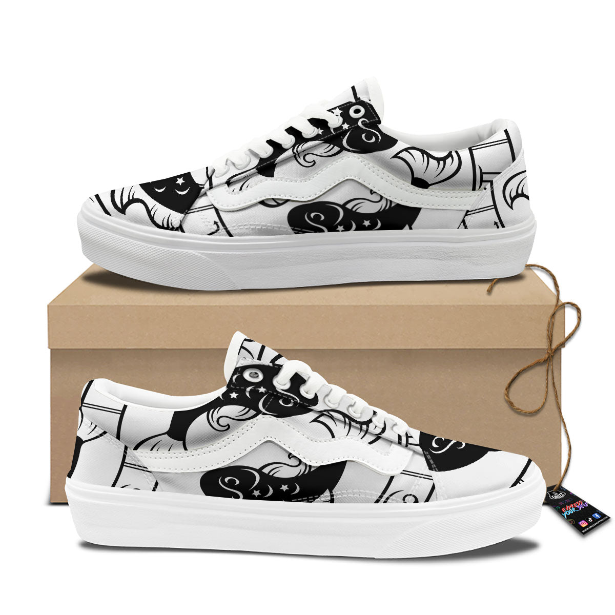 Pisces Sign White And Black Print Skate Shoes-grizzshop