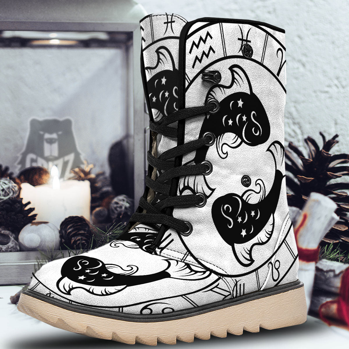 Pisces Sign White And Black Print Snow Boots-grizzshop
