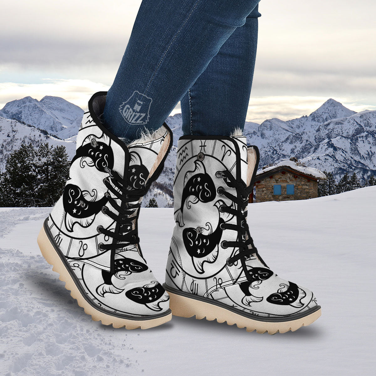Pisces Sign White And Black Print Snow Boots-grizzshop