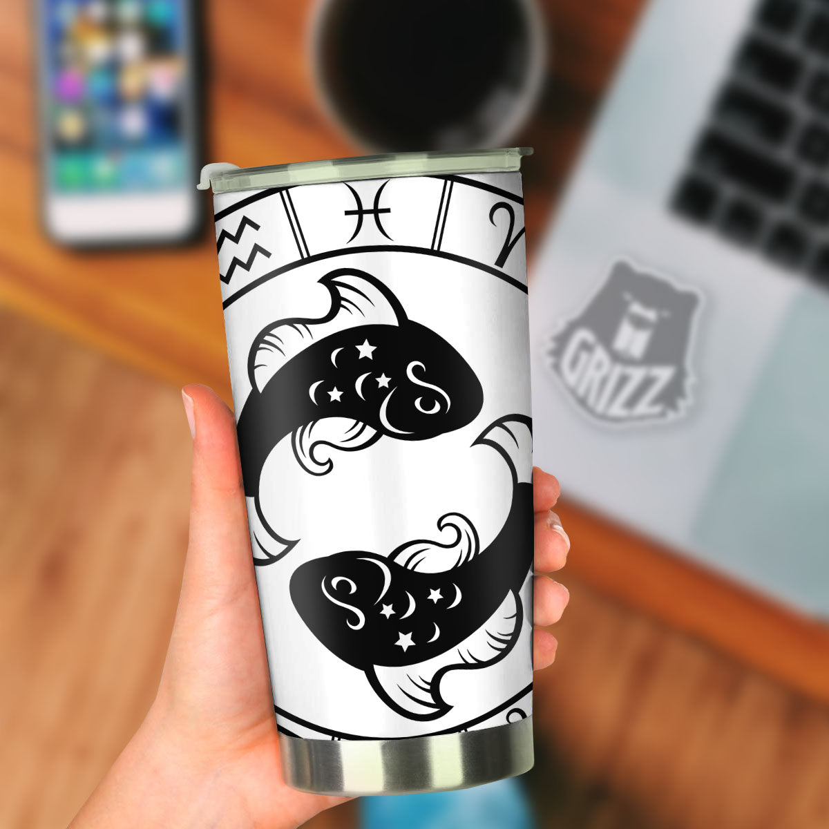 Pisces Sign White And Black Print Tumbler-grizzshop