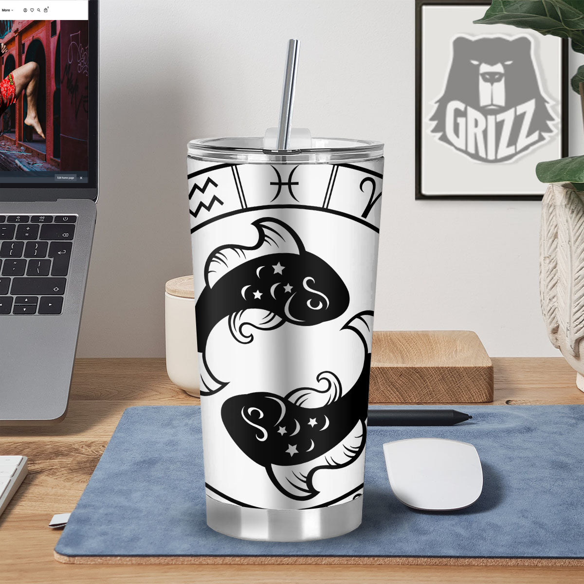 Pisces Sign White And Black Print Tumbler-grizzshop