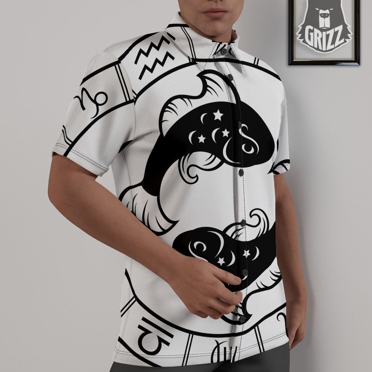 Pisces Sign White And Black Print Untucked Shirts-grizzshop