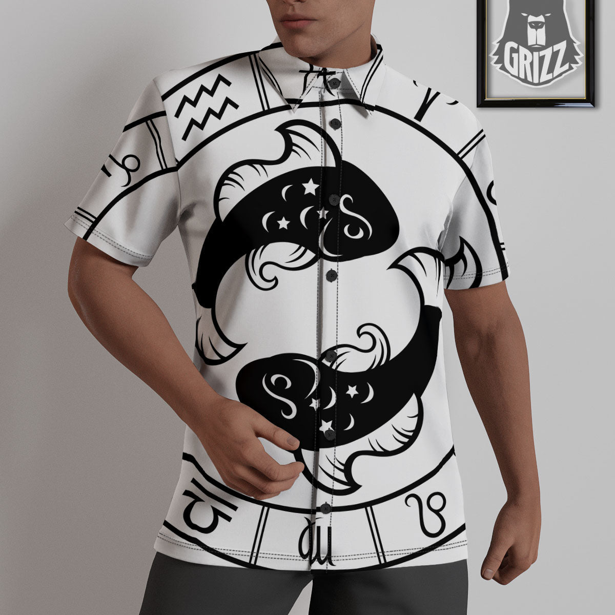 Pisces Sign White And Black Print Untucked Shirts-grizzshop