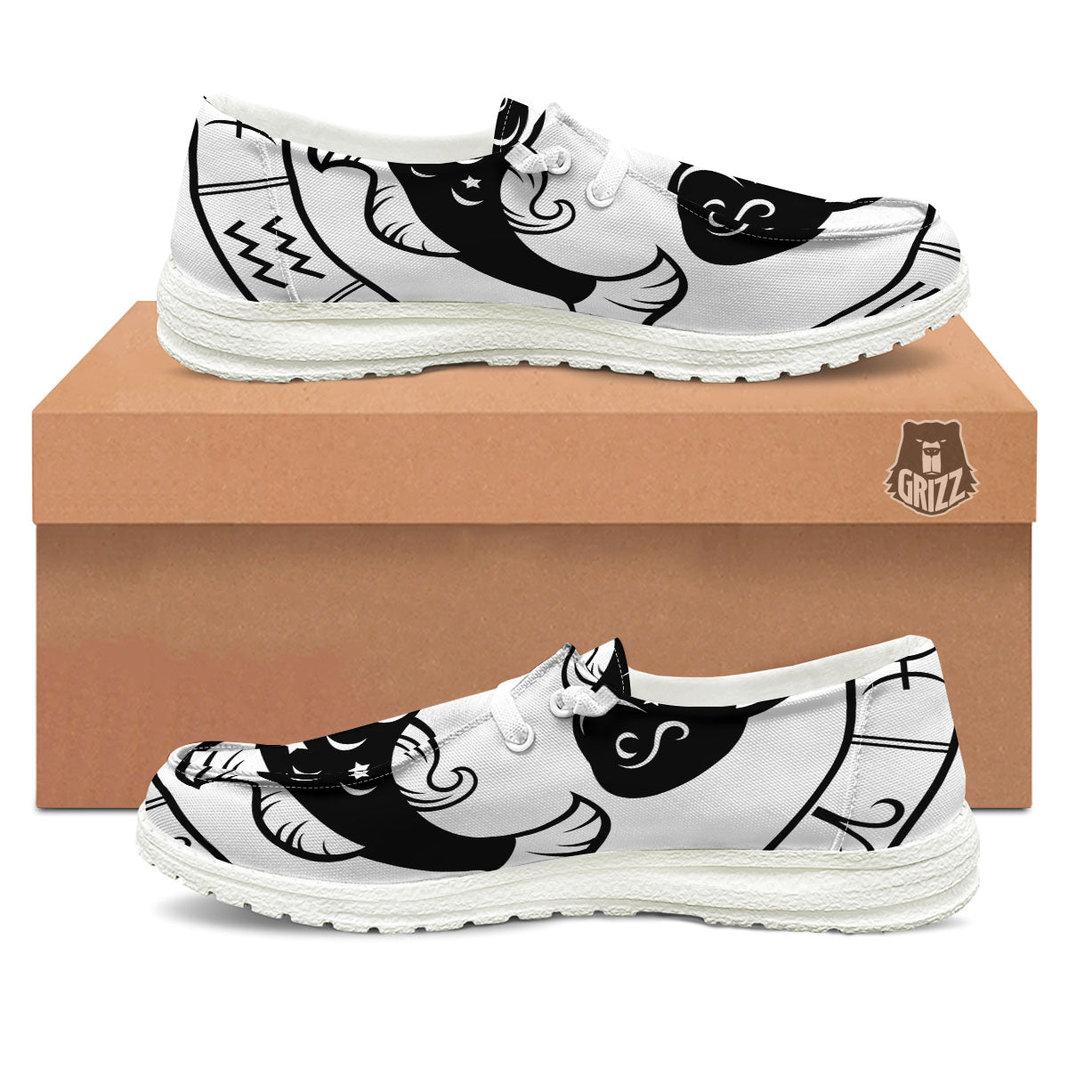 Pisces Sign White And Black Print White Loafers-grizzshop