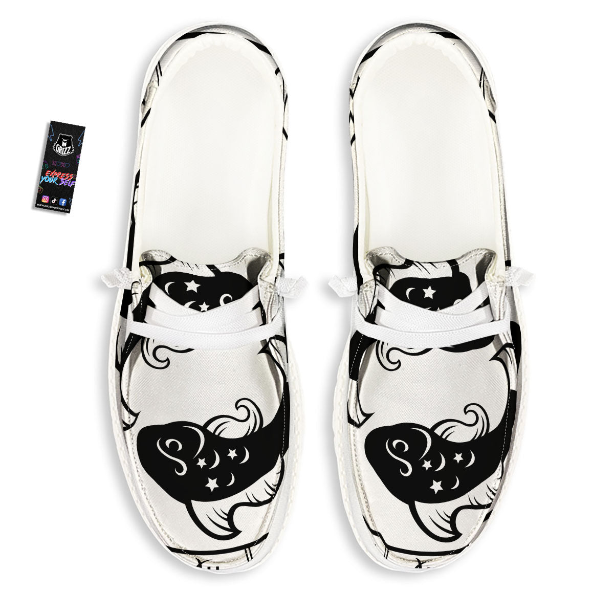 Pisces Sign White And Black Print White Loafers-grizzshop