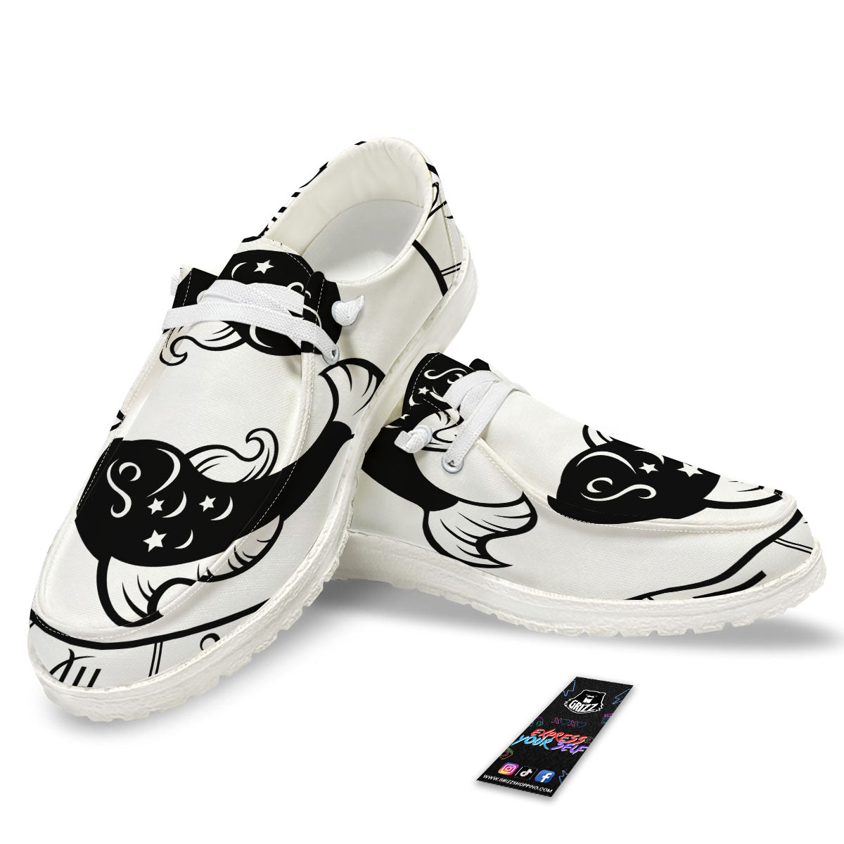 Pisces Sign White And Black Print White Loafers-grizzshop