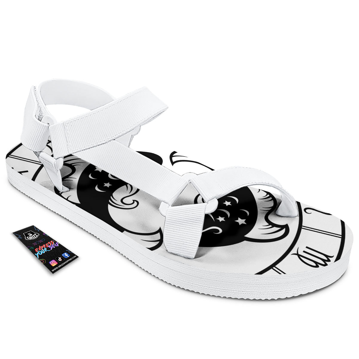 Pisces Sign White And Black Print White Open Toe Sandals-grizzshop