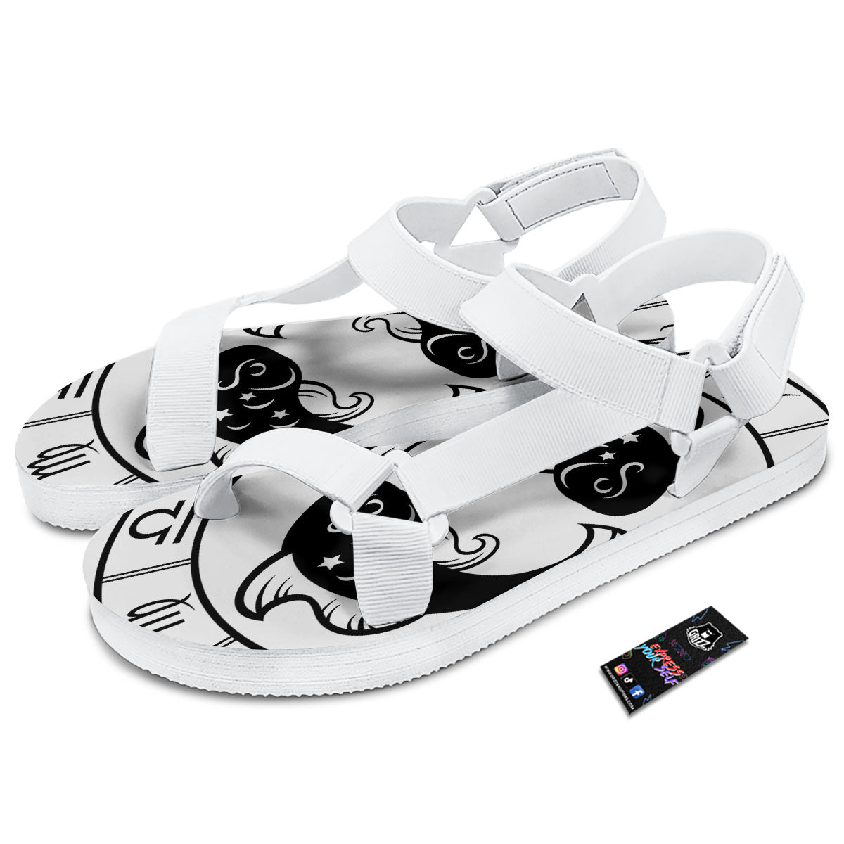 Pisces Sign White And Black Print White Open Toe Sandals-grizzshop