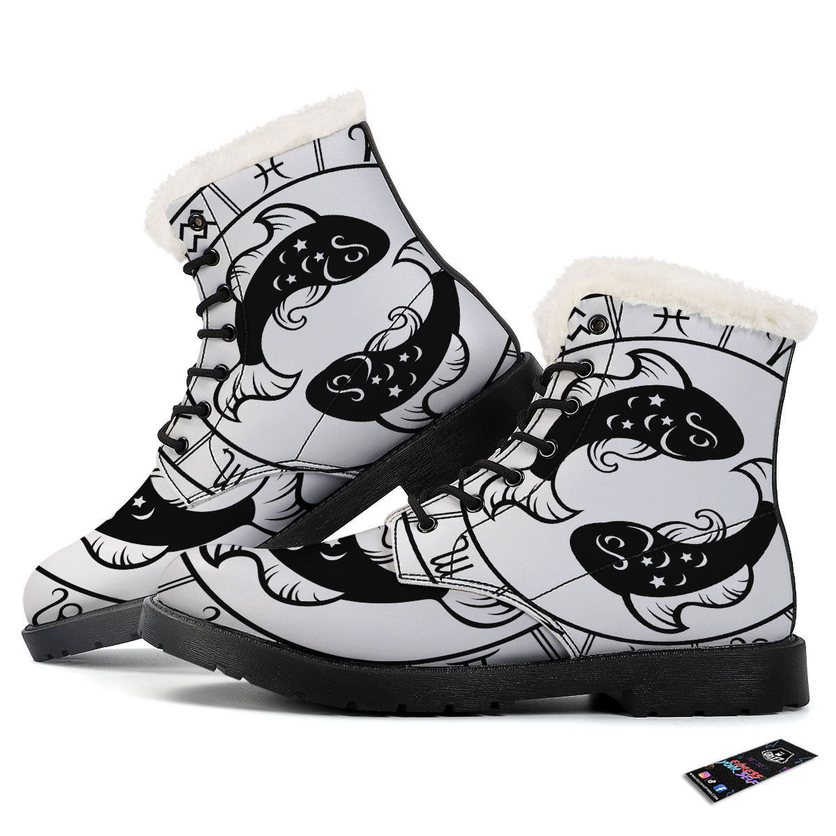 Pisces Sign White And Black Print Winter Boots-grizzshop