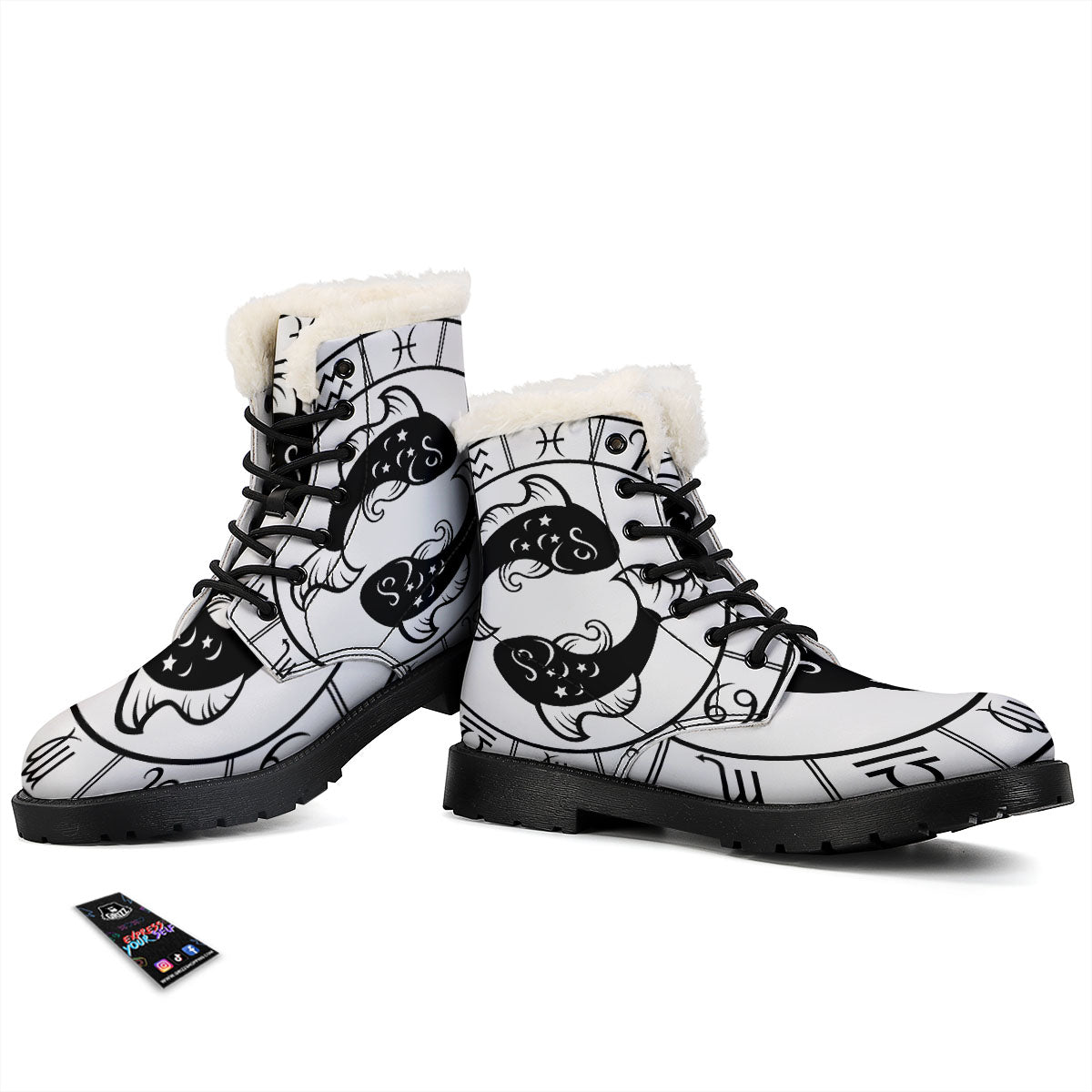 Pisces Sign White And Black Print Winter Boots-grizzshop