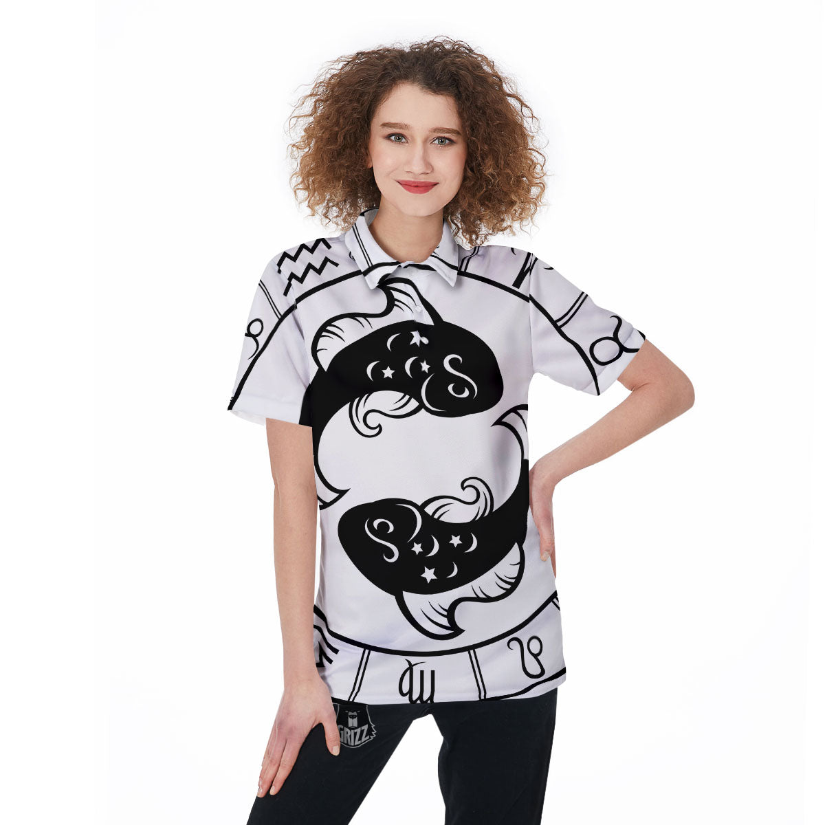 Pisces Sign White And Black Print Women's Golf Shirts-grizzshop