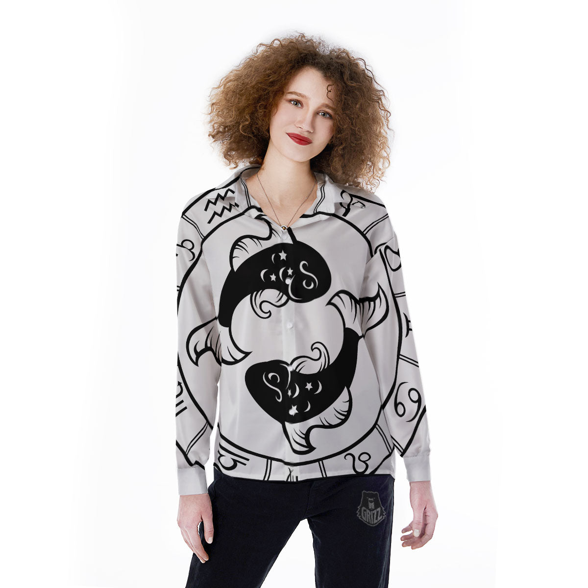 Pisces Sign White And Black Print Women's Long Sleeve Shirts-grizzshop