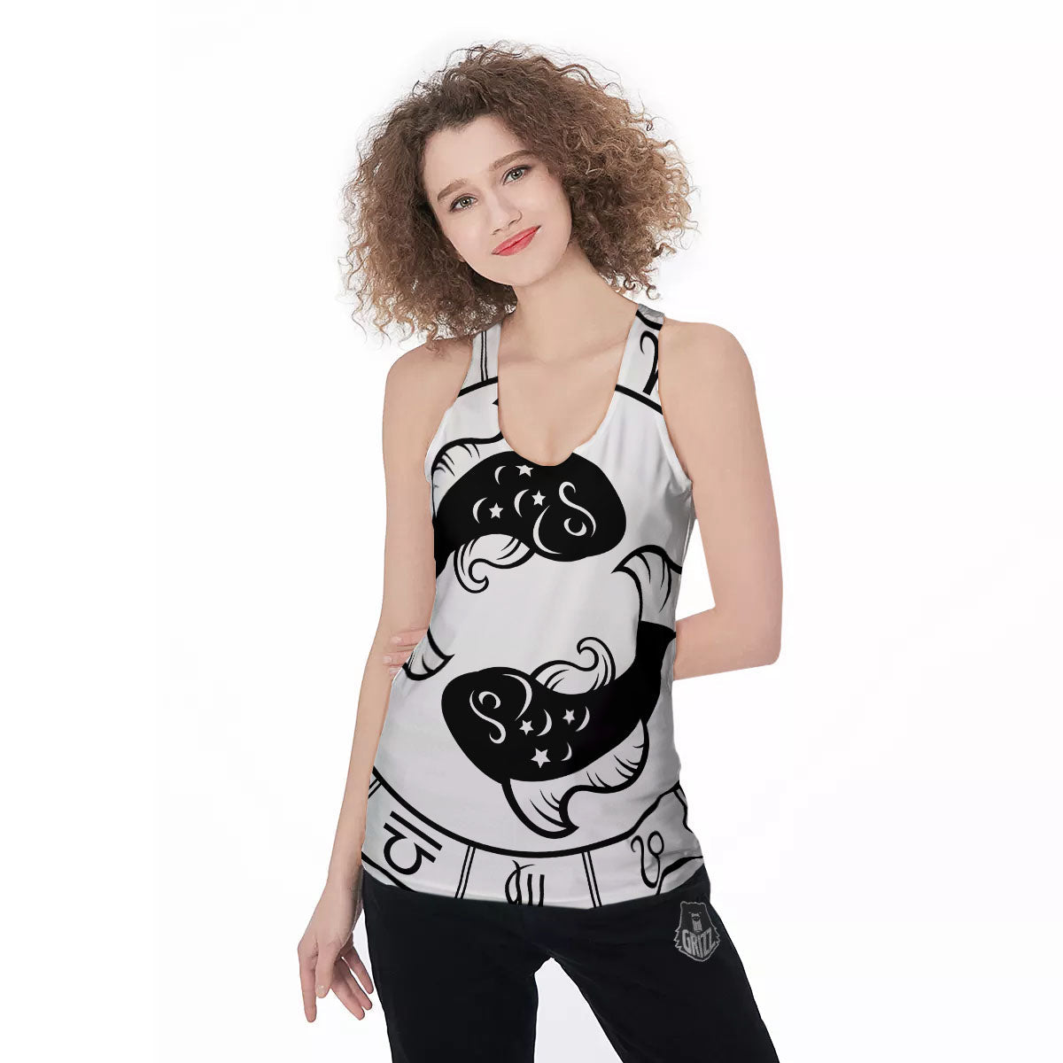 Pisces Sign White And Black Print Women's Racerback Tank Top-grizzshop