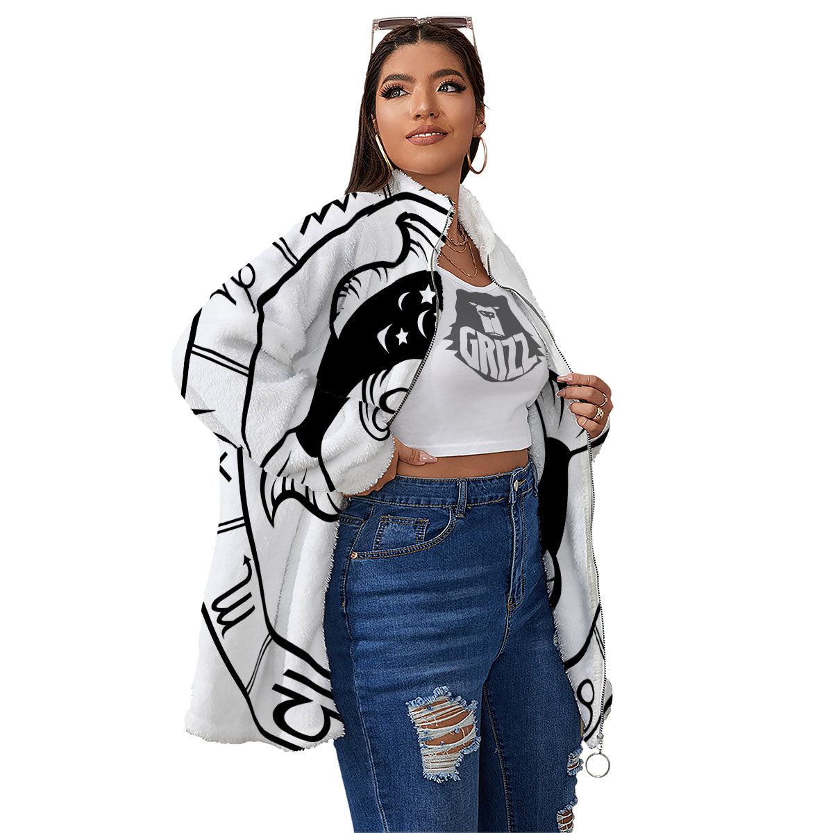 Pisces Sign White And Black Print Women's Sherpa Jacket-grizzshop