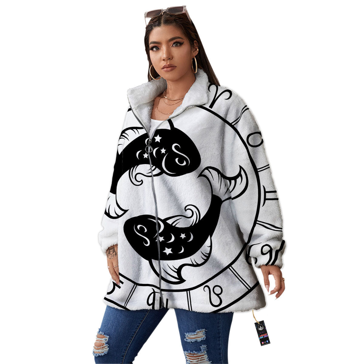 Pisces Sign White And Black Print Women's Sherpa Jacket-grizzshop