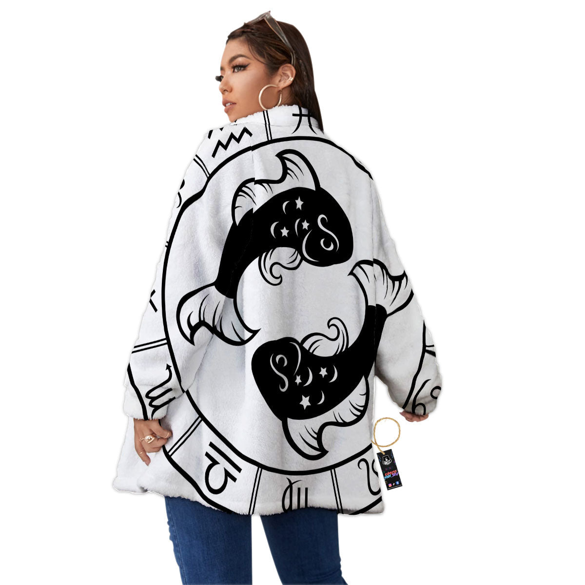 Pisces Sign White And Black Print Women's Sherpa Jacket-grizzshop