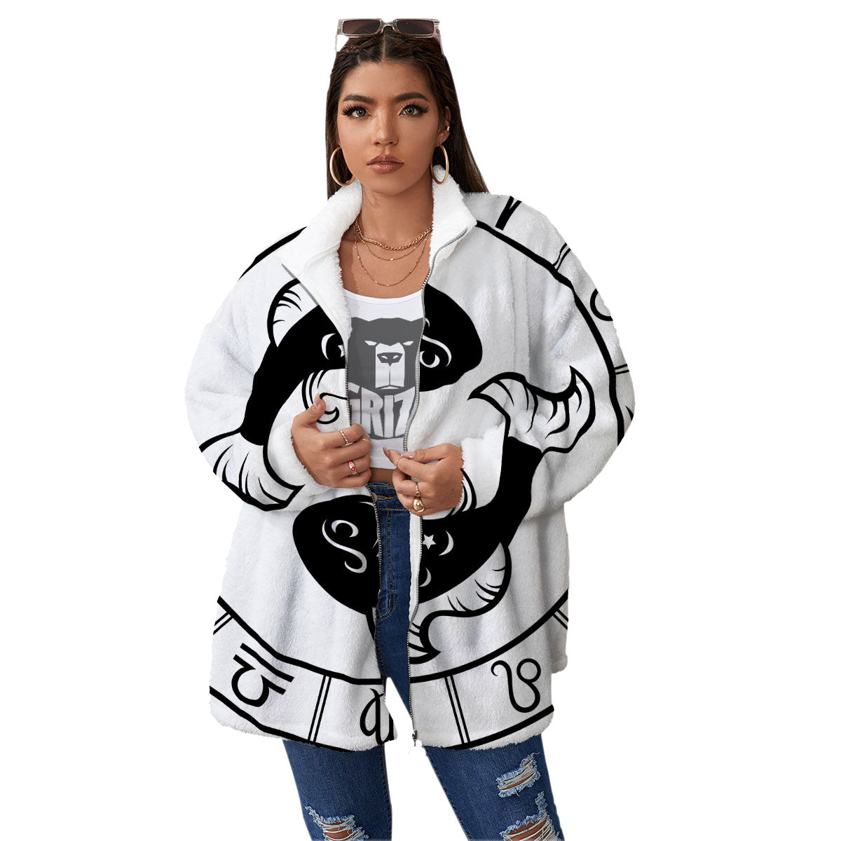 Pisces Sign White And Black Print Women's Sherpa Jacket-grizzshop