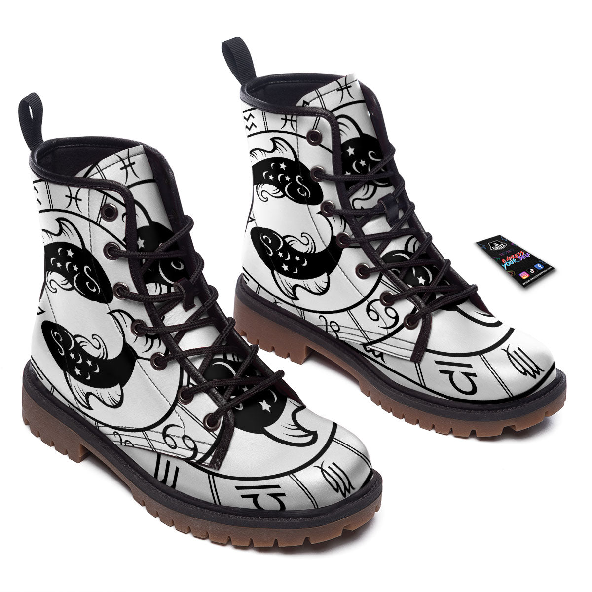 Pisces Sign White And Black Print Work Boots-grizzshop