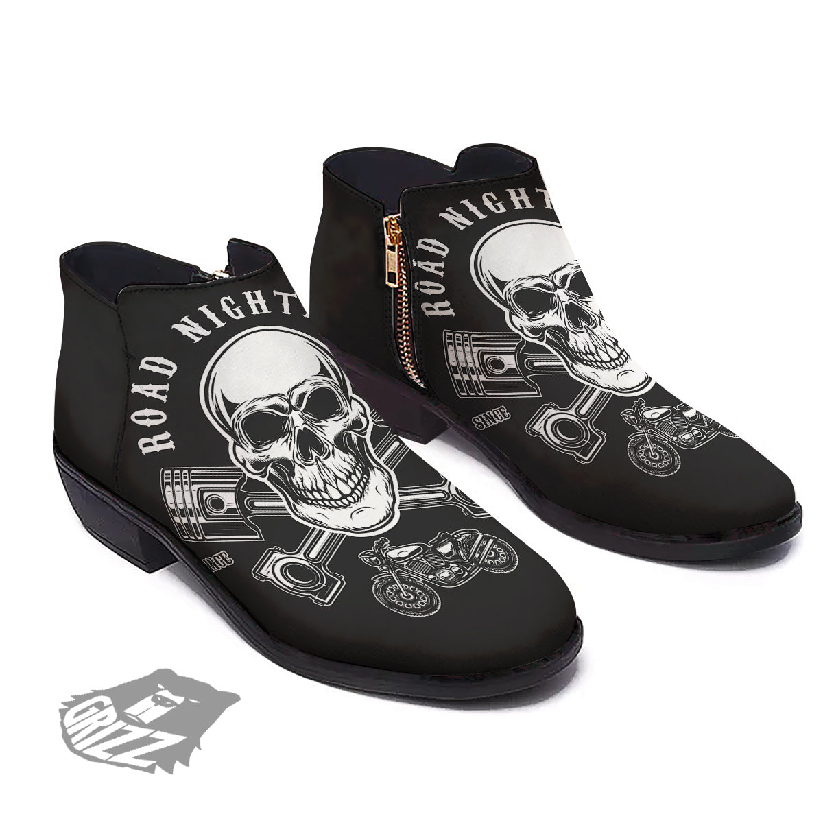 Piston Skull Mechanic Cross Print Ankle Boots-grizzshop