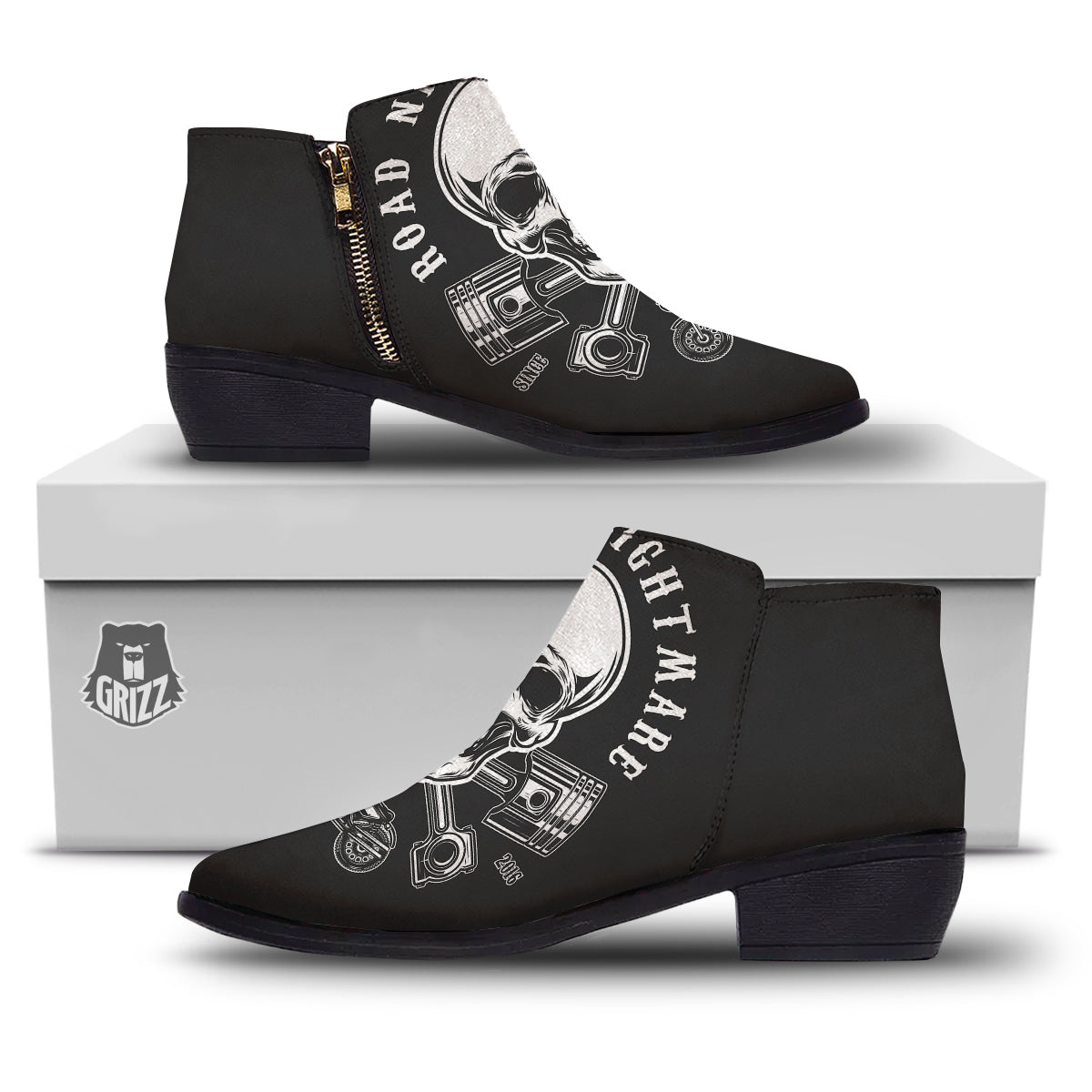 Piston Skull Mechanic Cross Print Ankle Boots-grizzshop