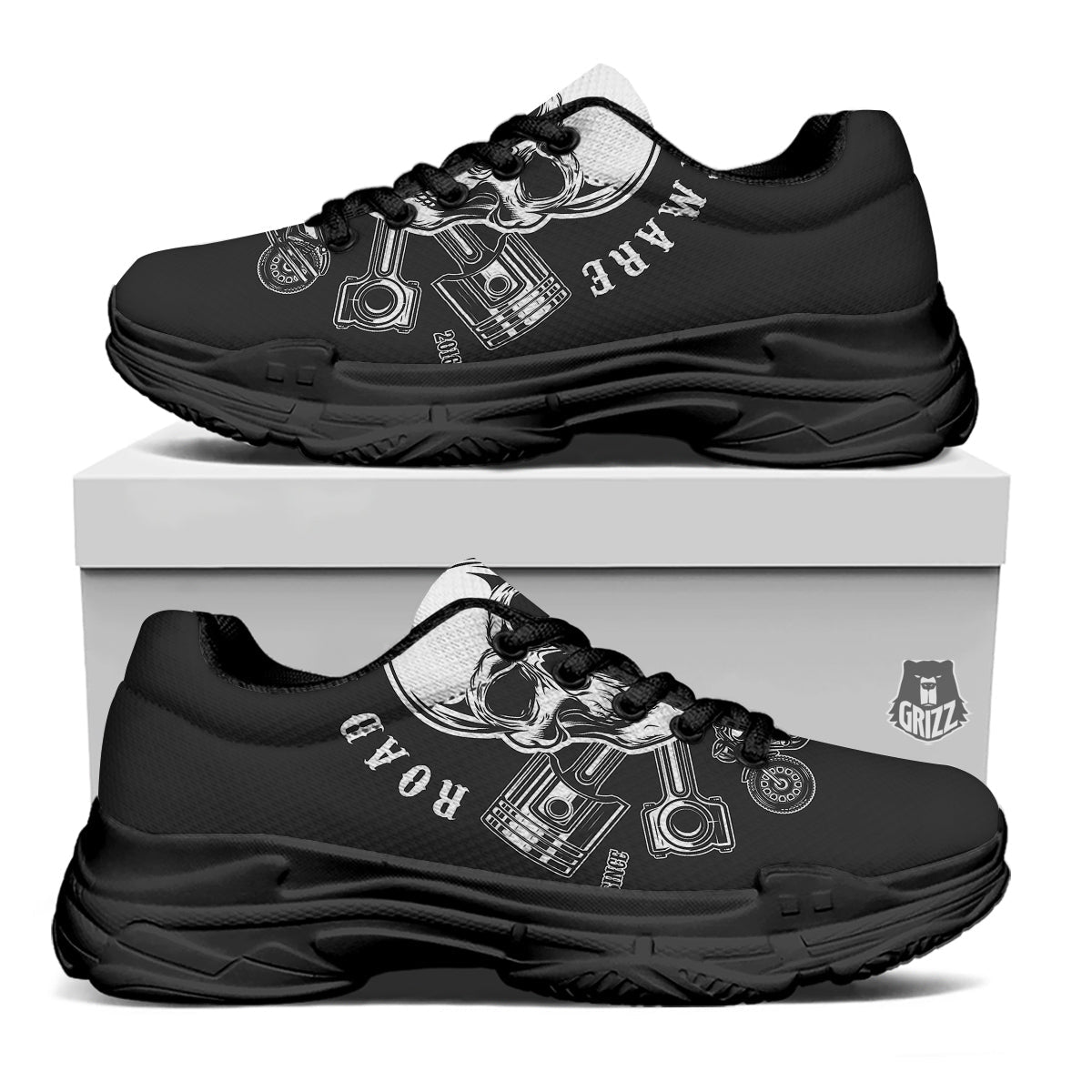 Piston Skull Mechanic Cross Print Black Chunky Shoes-grizzshop
