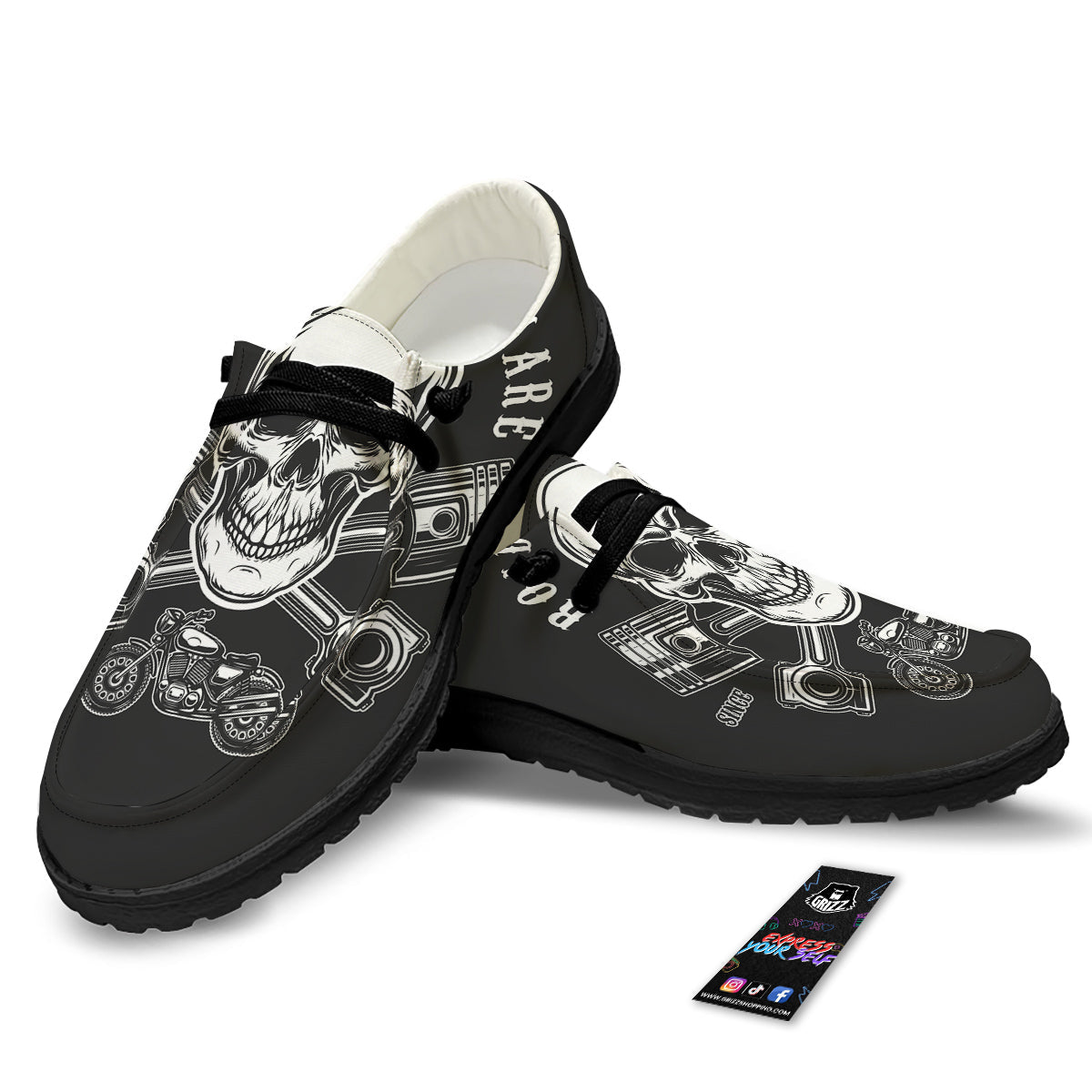 Piston Skull Mechanic Cross Print Black Loafers-grizzshop