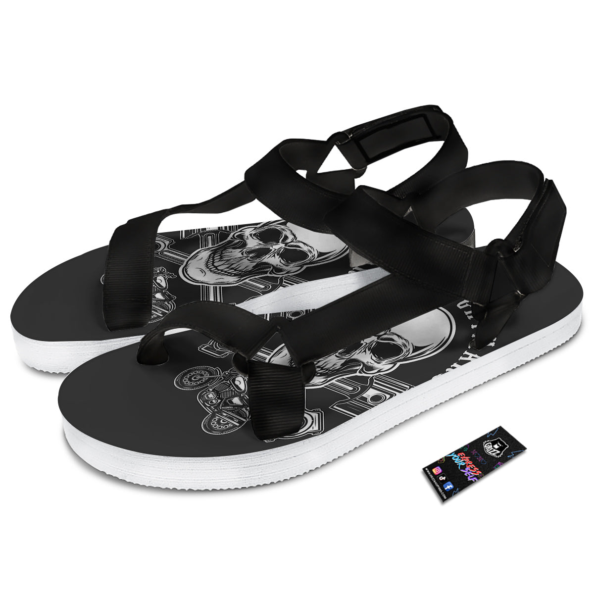 Piston Skull Mechanic Cross Print Black Open Toe Sandals-grizzshop