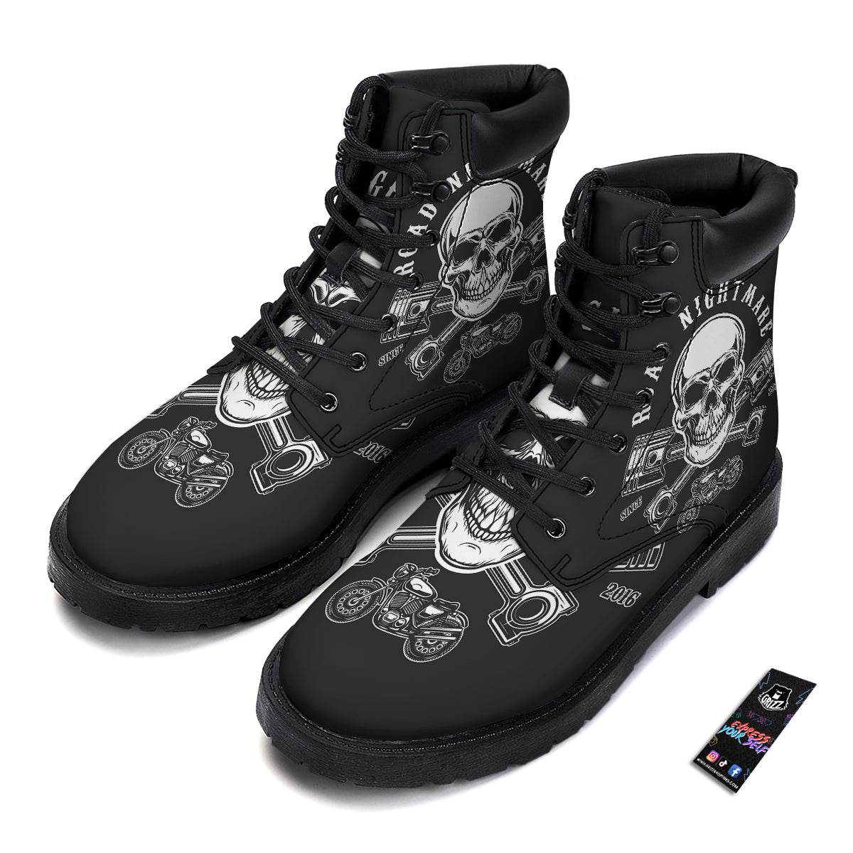 Piston Skull Mechanic Cross Print Boots-grizzshop