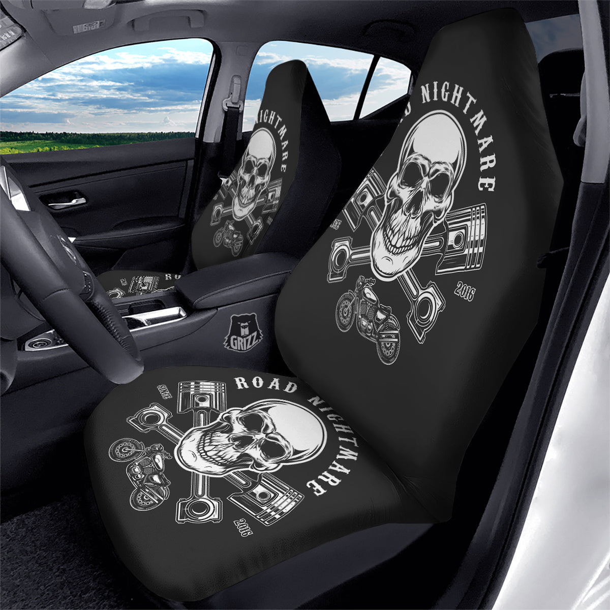 Piston Skull Mechanic Cross Print Car Seat Covers-grizzshop