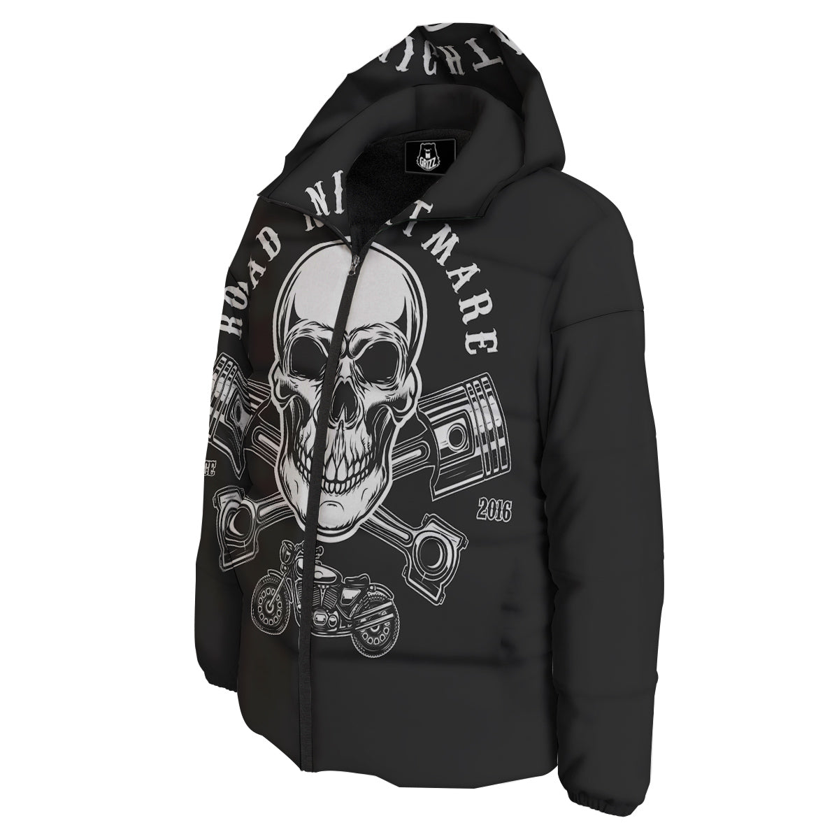 Piston Skull Mechanic Cross Print Down Jacket-grizzshop