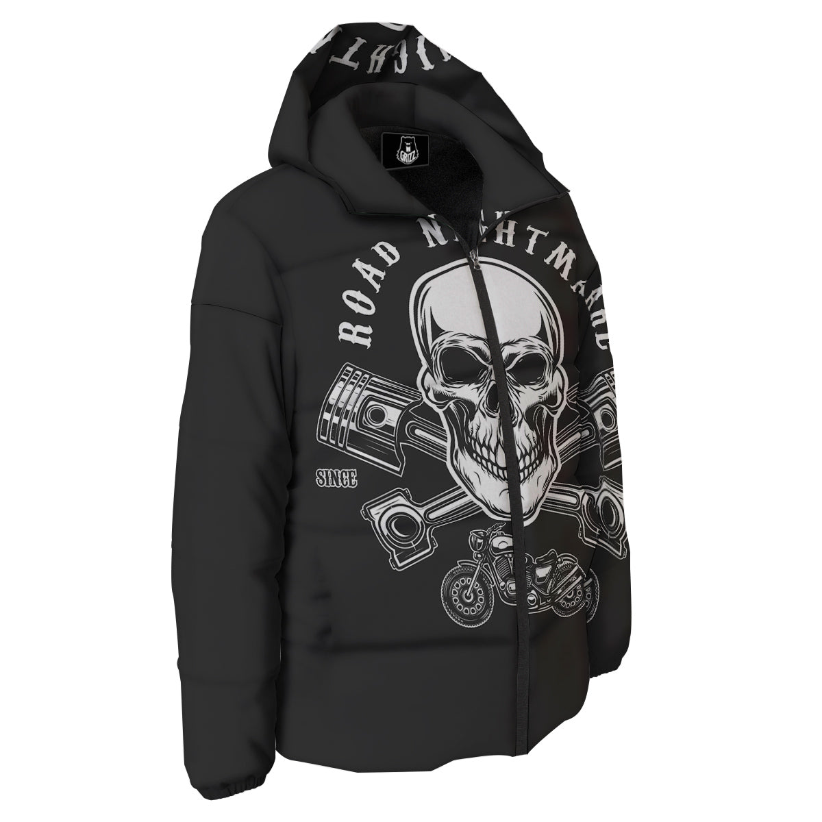 Piston Skull Mechanic Cross Print Down Jacket-grizzshop