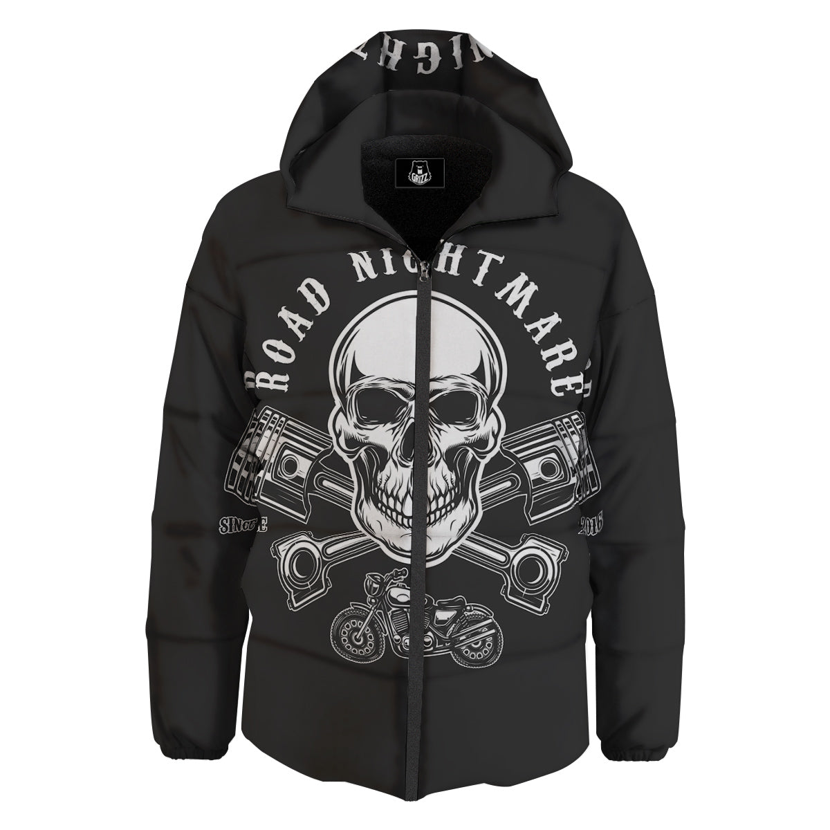 Piston Skull Mechanic Cross Print Down Jacket-grizzshop
