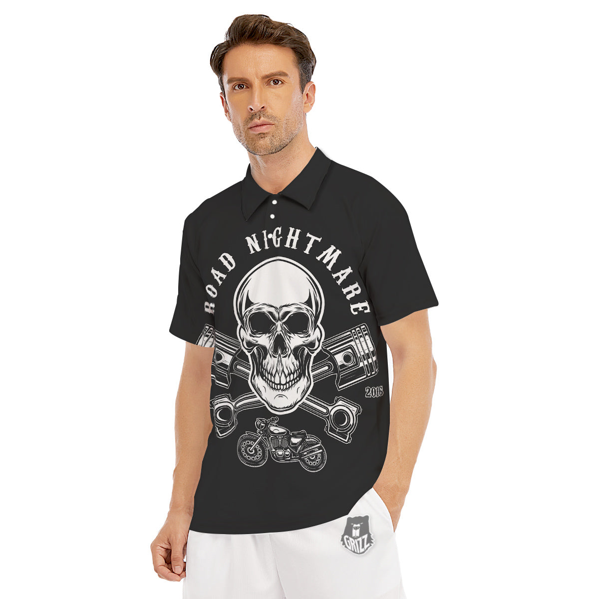 Piston Skull Mechanic Cross Print Men's Golf Shirts-grizzshop