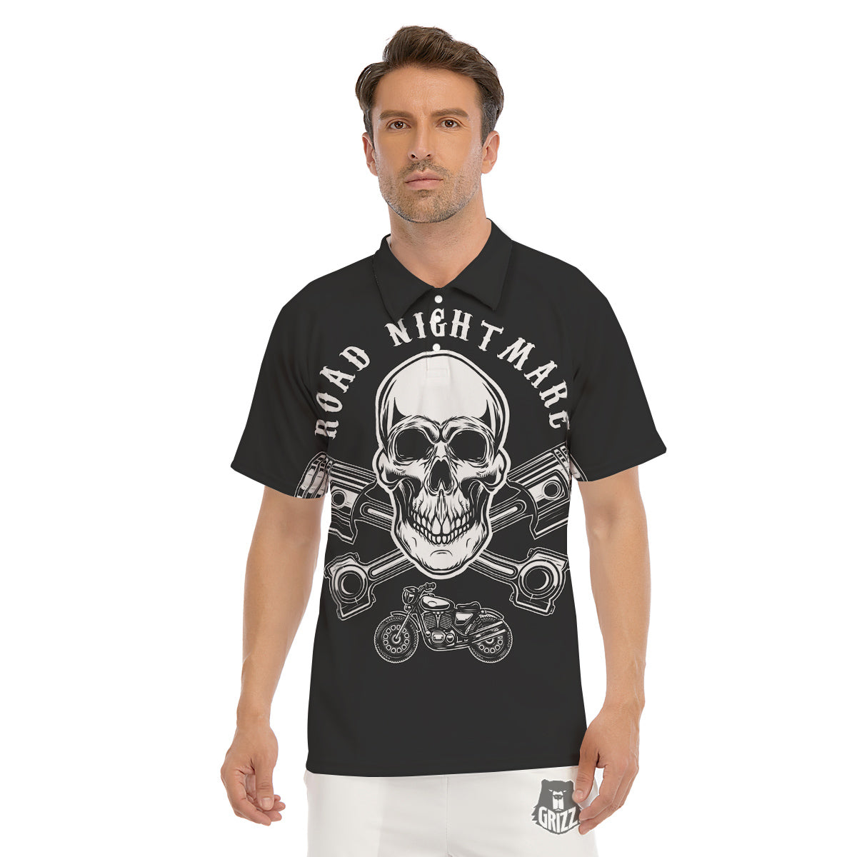Piston Skull Mechanic Cross Print Men's Golf Shirts-grizzshop