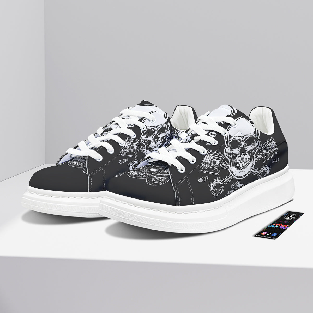 Piston Skull Mechanic Cross Print Platform Shoes-grizzshop