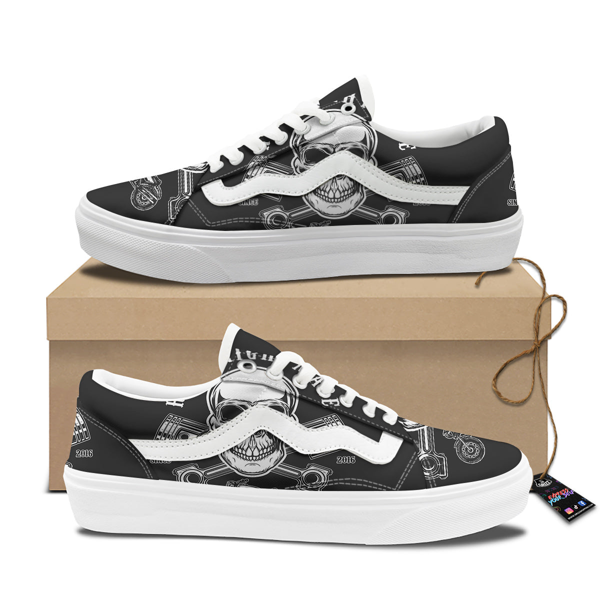 Piston Skull Mechanic Cross Print Skate Shoes-grizzshop