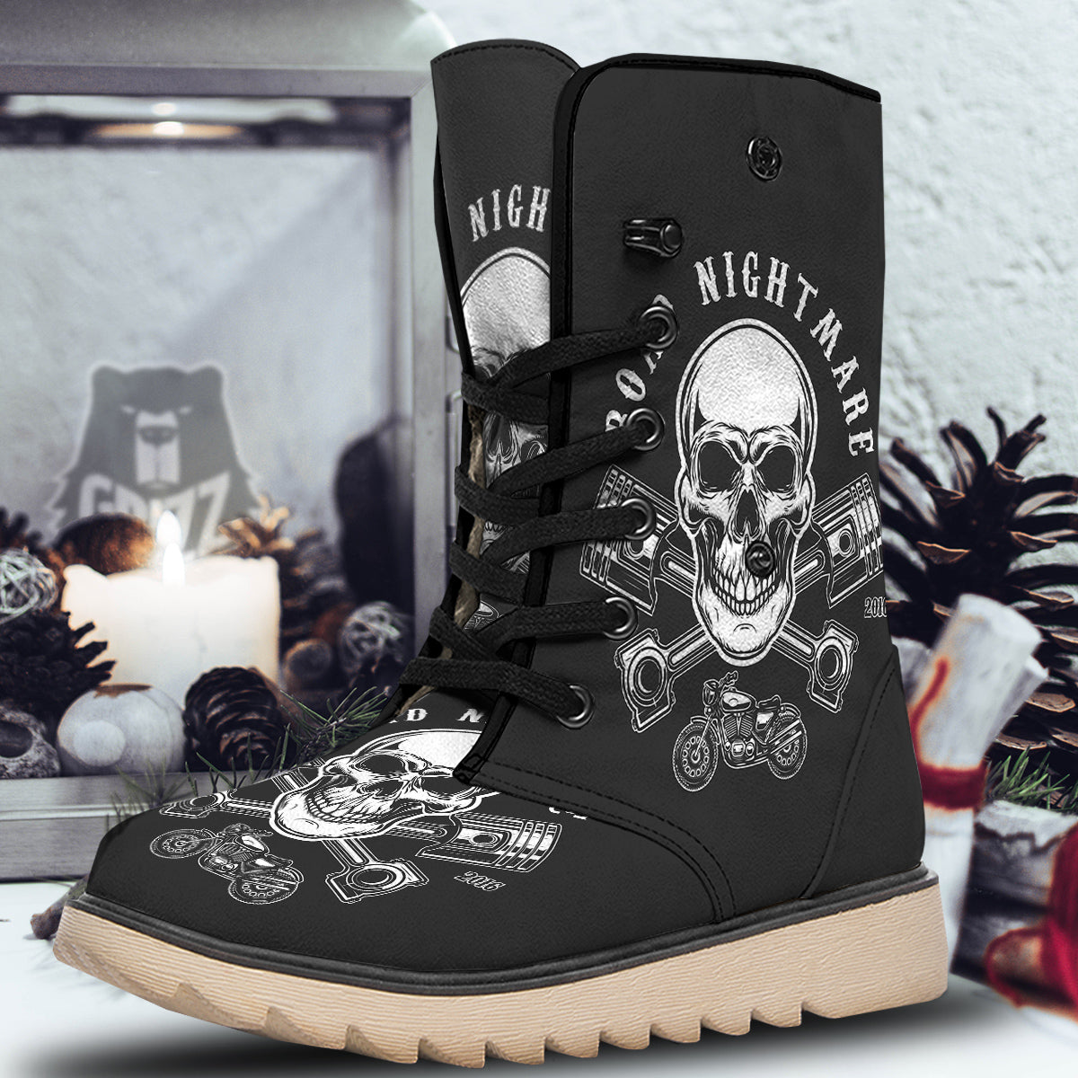 Piston Skull Mechanic Cross Print Snow Boots-grizzshop