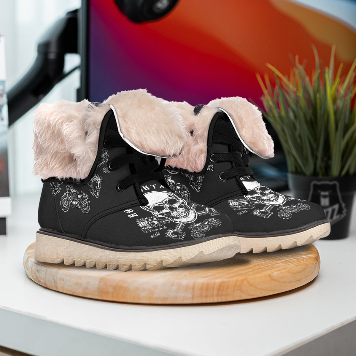 Piston Skull Mechanic Cross Print Snow Boots-grizzshop