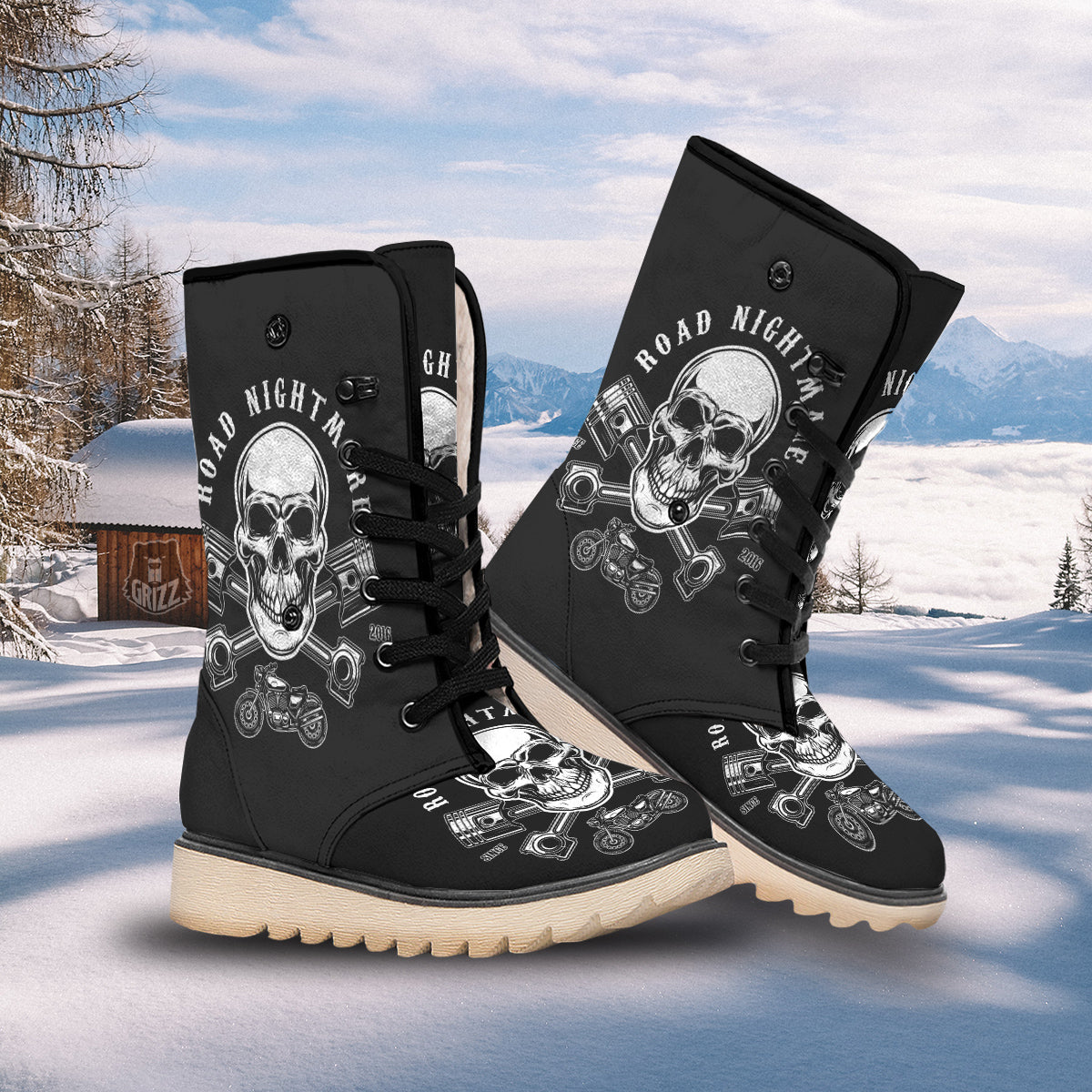 Piston Skull Mechanic Cross Print Snow Boots-grizzshop