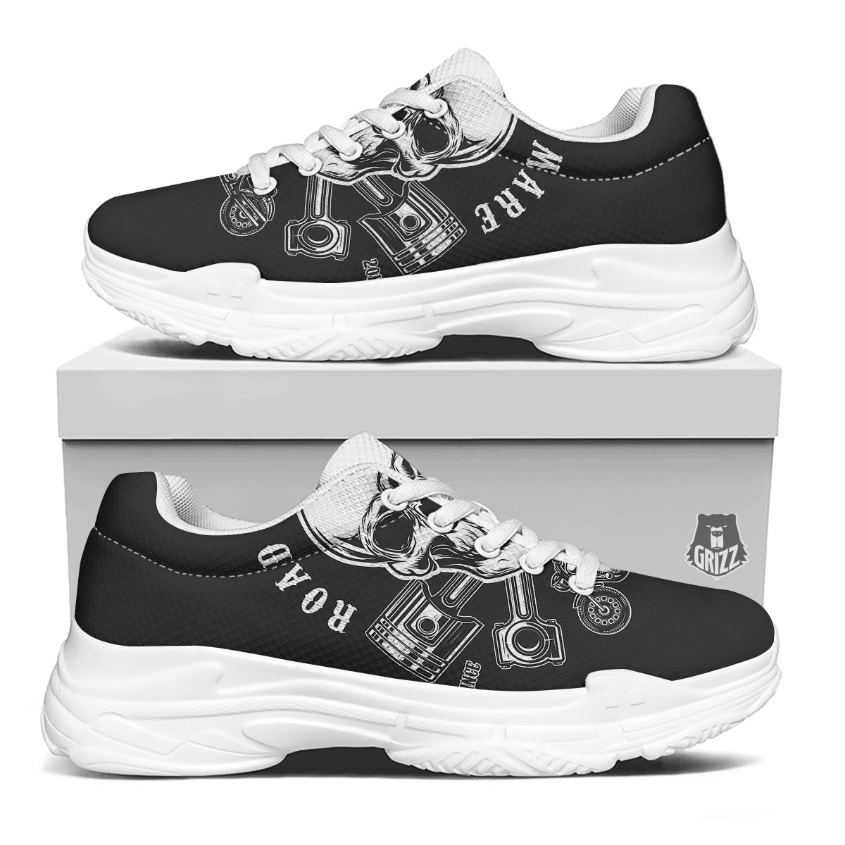 Piston Skull Mechanic Cross Print White Chunky Shoes-grizzshop