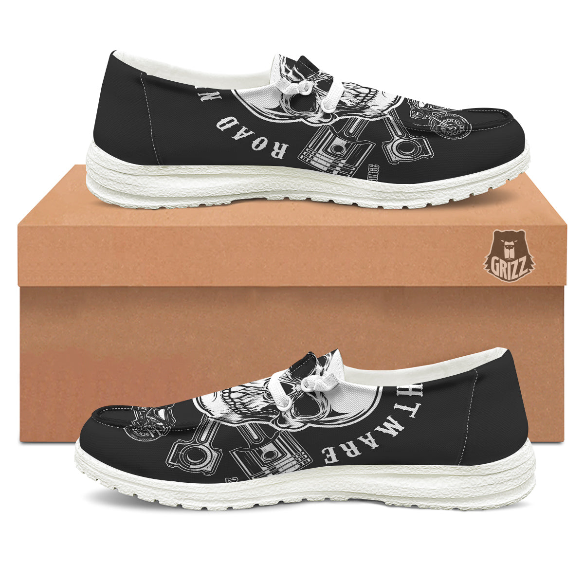 Piston Skull Mechanic Cross Print White Loafers-grizzshop