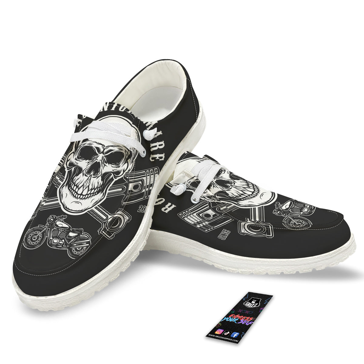 Piston Skull Mechanic Cross Print White Loafers-grizzshop